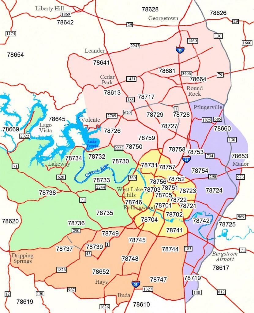 Austin area kode pos peta